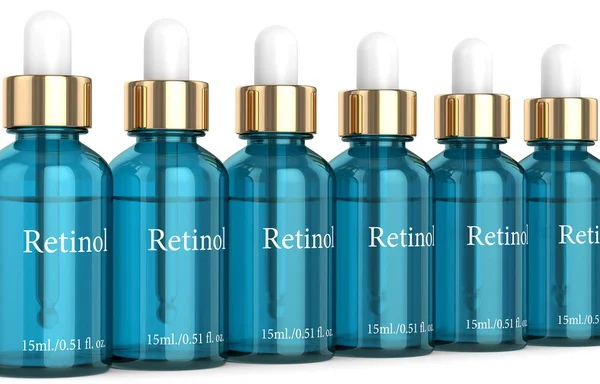 3D renderen van retinol flessen met druppelaar over Wit — Stockfoto