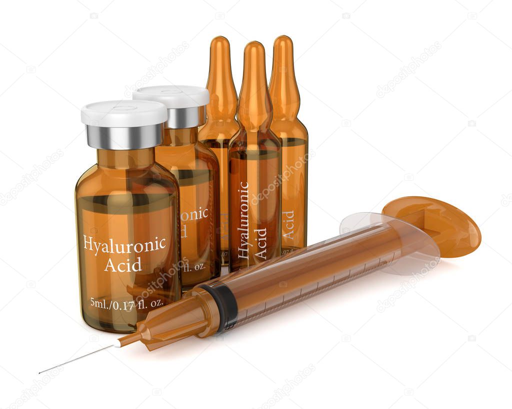 3d render of hyaluronic acid ampoules, vials and syringe