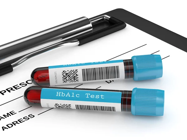 3d renderizado de tubos de sangre HbA1c acostado en el portapapeles — Foto de Stock