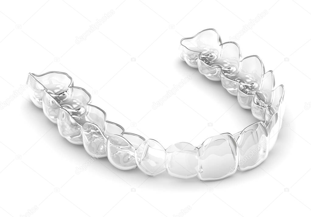 3d render of invisalign removable and invisible vacuum formed retainer over white background.