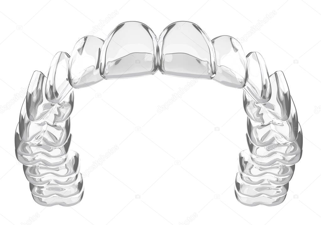 3d render of invisalign removable and invisible vacuum formed retainer over white background.