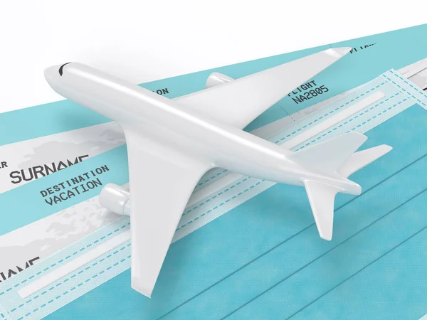Renderização Avião Com Bilhetes Uma Máscara Protetora Viagem Após Conceito — Fotografia de Stock