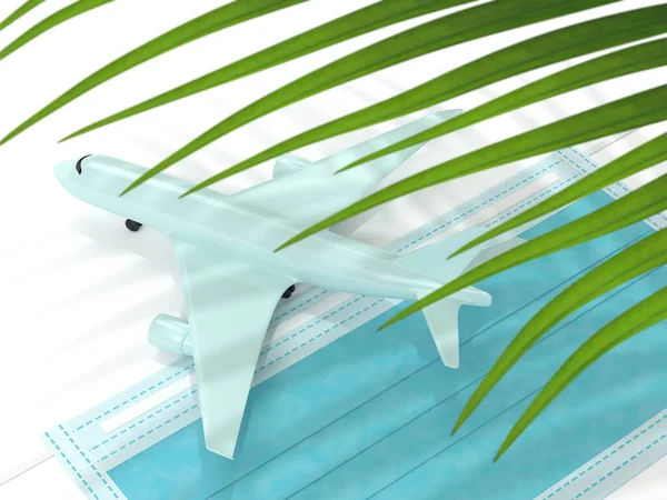 Render Plane Palm Leaf Protective Mask Travel Covid Concept — Stock Photo, Image