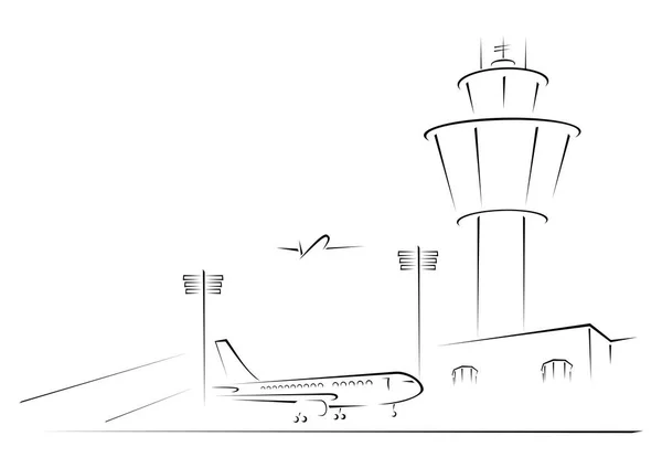 Luchthaven Buitenkant Zwart Witprinter Schets Illustratie — Stockvector