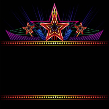 Parlayan yıldızlar ve süslemeleri ile retro stilize neon tabela