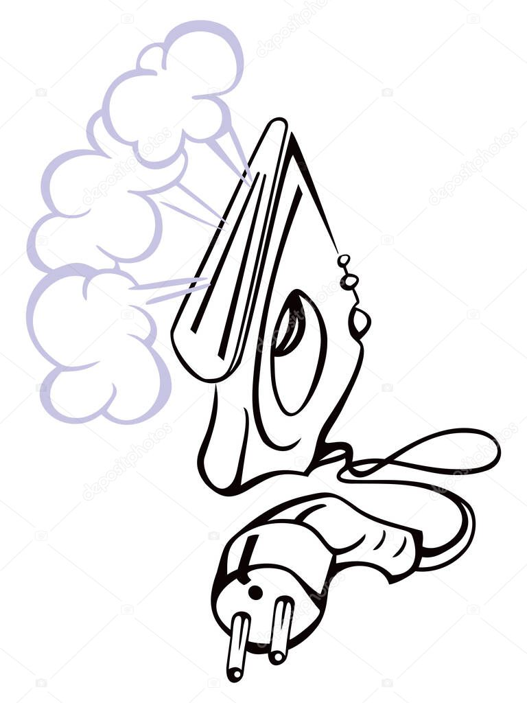 Simple black sketch of steaming iron on white background