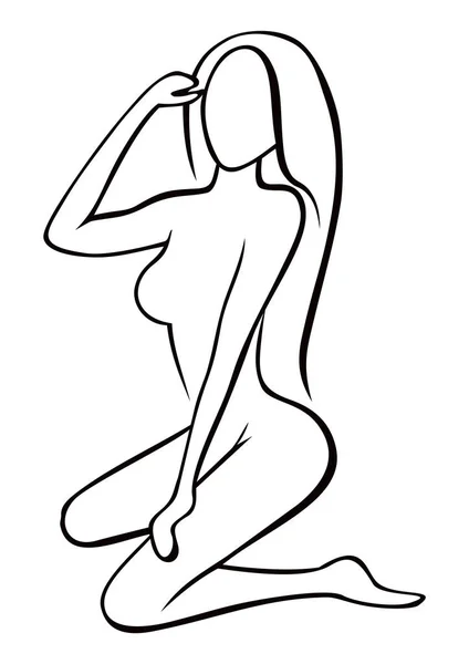Arrodillarse Mujer Sexy Con Pelo Largo Boceto — Archivo Imágenes Vectoriales
