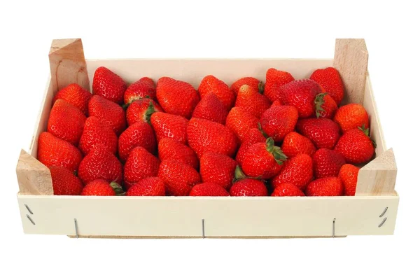 Fraises Dans Une Boîte Bois Isolées Sur Fond Blanc — Photo