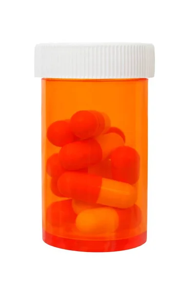 Orange Flaska Med Piller Isolerad Vit Bakgrund — Stockfoto