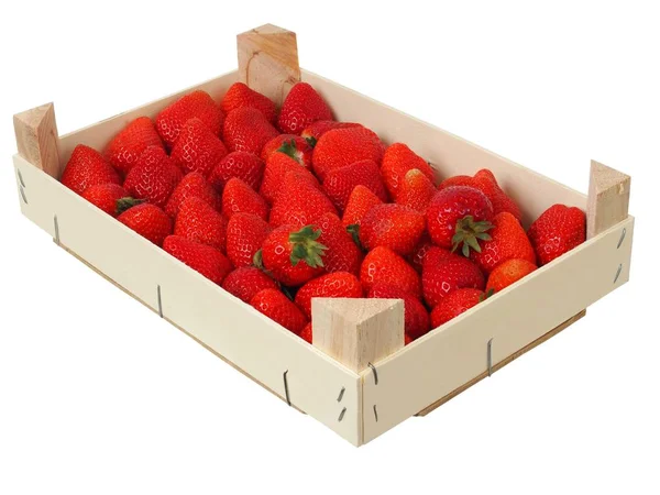 Aardbeien Houten Doos Geïsoleerd Witte Achtergrond — Stockfoto