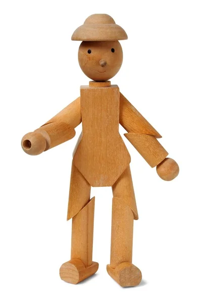 Malá Dřevěná Figurína Izolovaných Bílém Pozadí — Stock fotografie