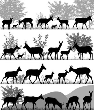 Silhouettes of pronghorn antelopes and its cubs outdoors clipart