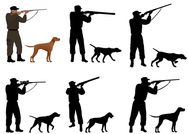 Collection Silhouettes Chasseurs Avec Chiens — Image vectorielle