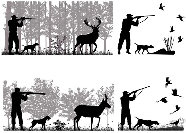 Muž se psem je lov jelenů, Vidloroh americký, kachen a bažantů — Stockový vektor