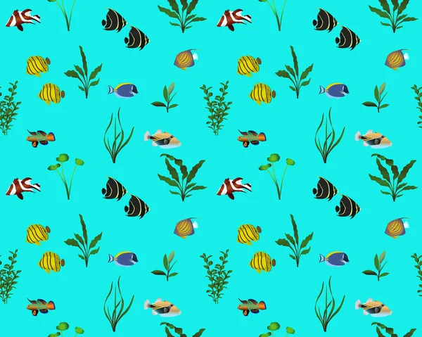 Patrón Sin Costura Con Peces Marinos Plantas Acuáticas Color Imagen — Vector de stock