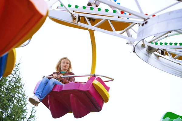 Scared Boring Woman Riding Rollercoaster — Stock Photo, Image