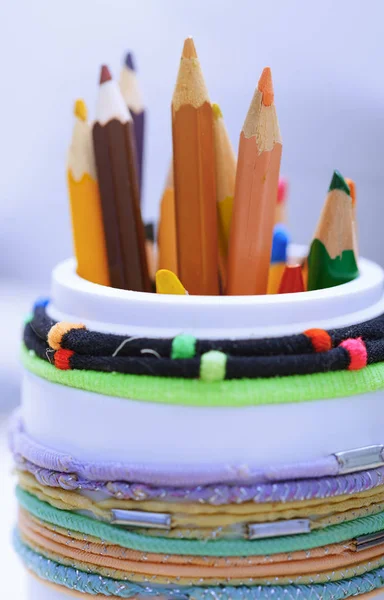 Color pencils in the plastic jar — Stock Photo, Image