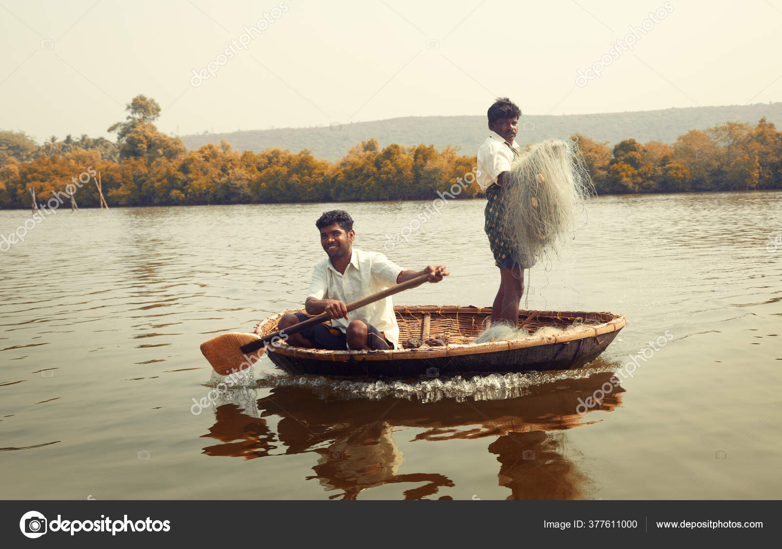 Editorial Photo Rural Indian Men Small Boat One Man Holdiing