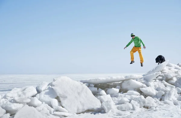 Young Adult Man Outdoors His Dog Having Fun Winter Landscape — Stock Photo, Image