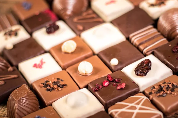 Sortiment Feiner Schokoladenbonbons Weißer Dunkler Und Vollmilchschokolade — Stockfoto