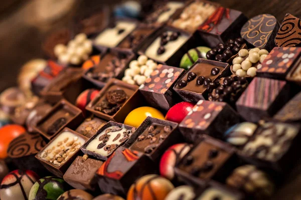 Assorted Chocolate Pralines Wooden Background — Stock Photo, Image