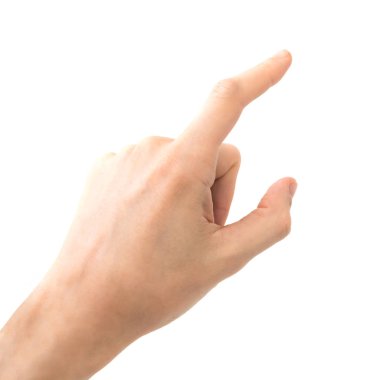 Kadın eli, beyaz arka planda izole edilmiş bir şeye dokunuyor ya da işaret ediyor.