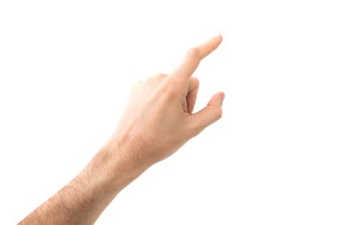 Kadın eli, beyaz arka planda izole edilmiş bir şeye dokunuyor ya da işaret ediyor.