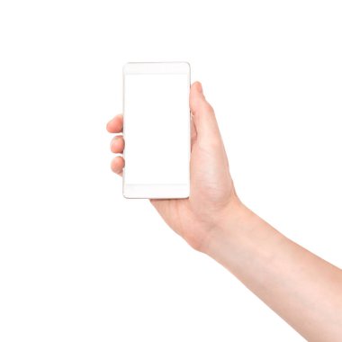 Beyaz smartphone ile izole beyaz arka plan ekran tutan el