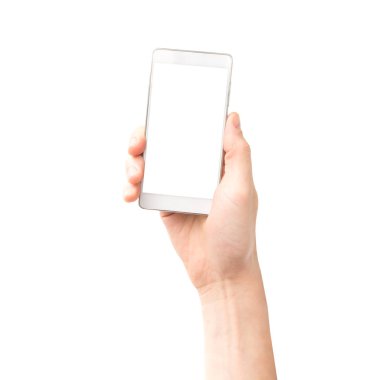 Beyaz smartphone ile izole beyaz arka plan ekran tutan el