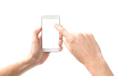 Beyaz arka plan üzerinde izole beyaz ekran ile Smartphone dokunmadan eller
