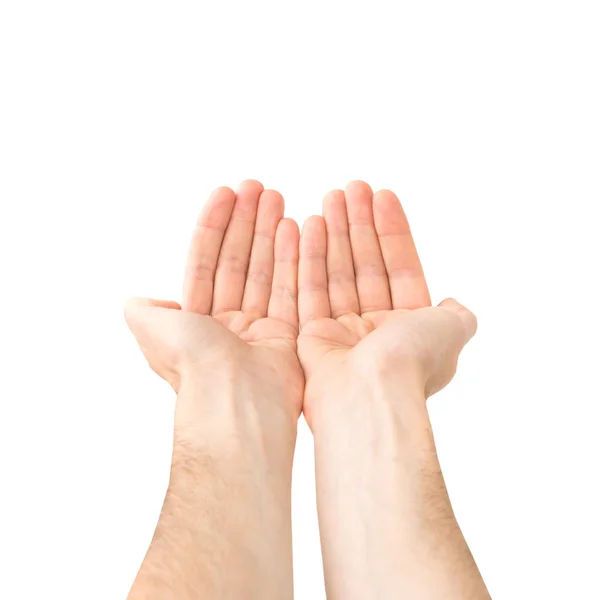 Duas Mãos Abertas Dando Algo Isolado Fundo Branco — Fotografia de Stock