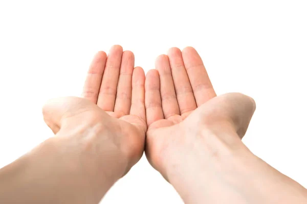 Duas Mãos Abertas Dando Algo Isolado Fundo Branco — Fotografia de Stock