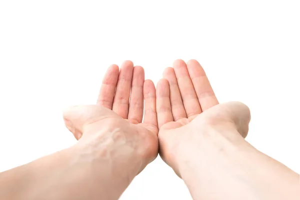 Duas Mãos Abertas Dando Algo Isolado Fundo Branco — Fotografia de Stock