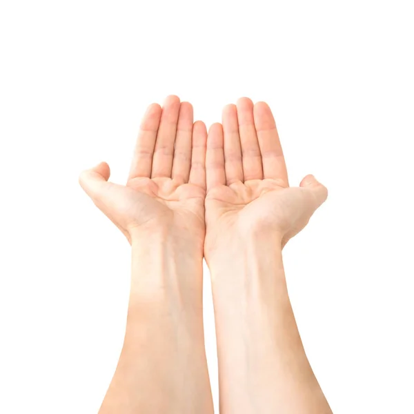 Duas Mãos Abertas Dando Algo Isolado Fundo Branco — Fotografia de Stock