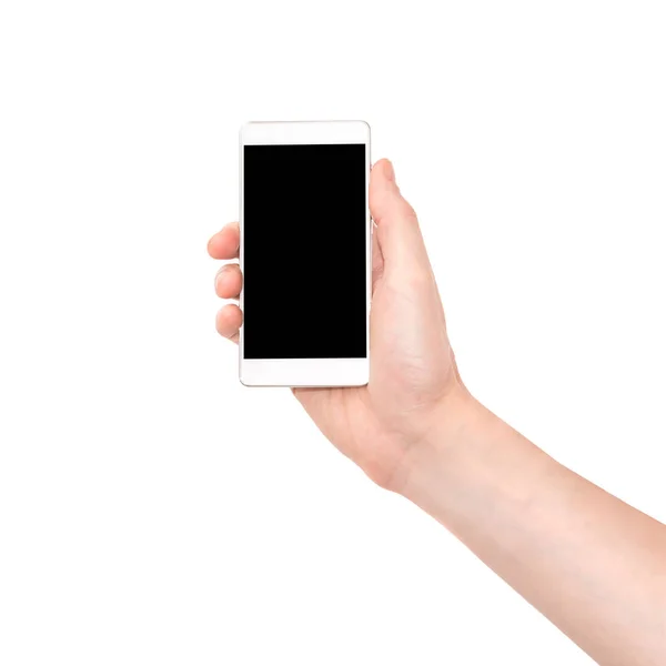 Rękę Trzymając Smartfon Czarny Ekran Białym Tle — Zdjęcie stockowe