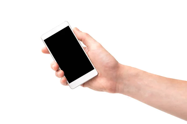 Ruka Držící Smartphone Černou Obrazovkou Izolovaných Bílém Pozadí — Stock fotografie