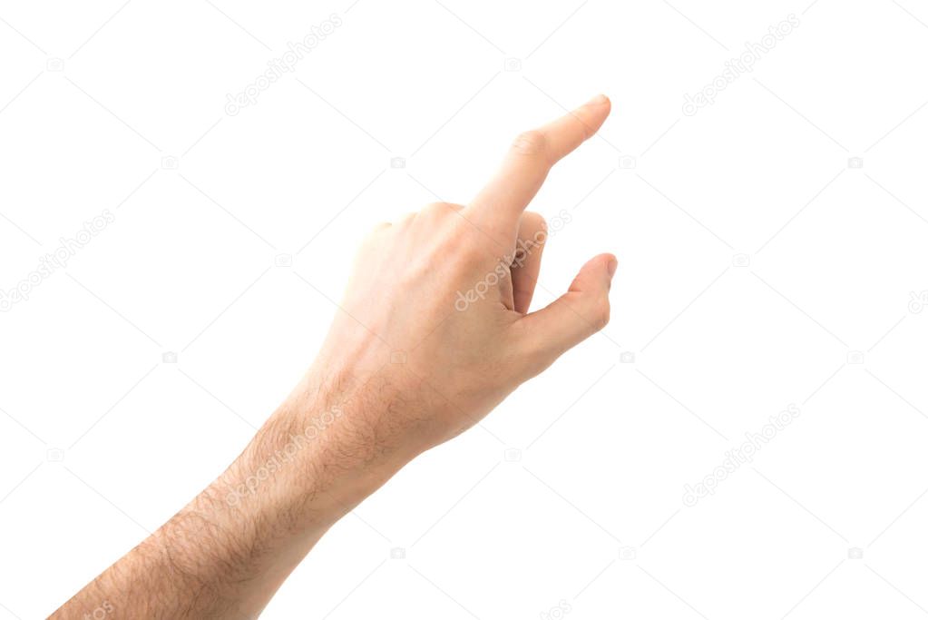 Female hand touching or pointing finger to something isolated on white background