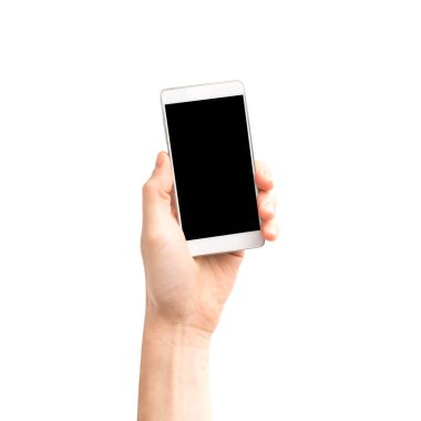 El ile izole beyaz arka plan üzerinde siyah perde Smartphone tutarak