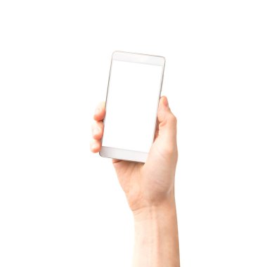 Beyaz arkaplanda el ele tutuşan akıllı telefon izole edildi
