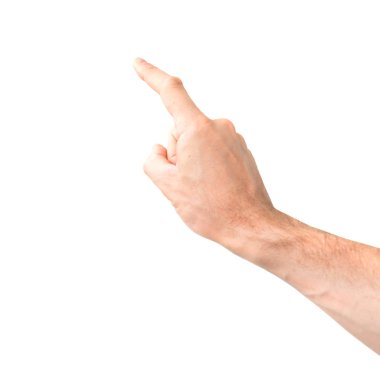 Kadın eli, beyaz arka planda izole edilmiş bir şeye dokunuyor ya da işaret ediyor.