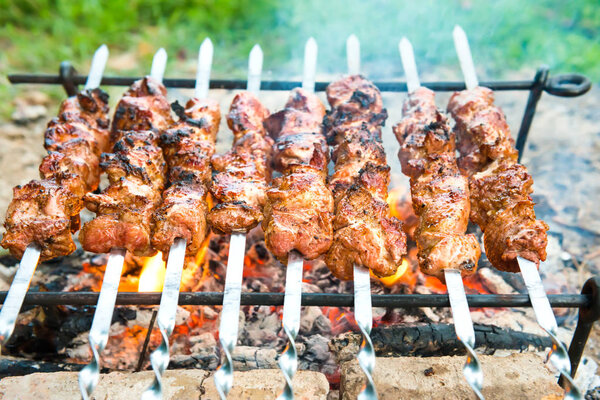 Barbecue with rilled kebab meat on fire