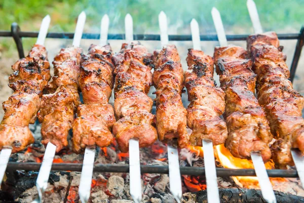 Barbacoa Con Carne Kebab Brasa Llamas —  Fotos de Stock