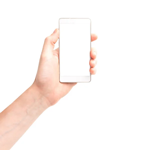 Hand Met Witte Smartphone Met Geïsoleerde Witte Achtergrond Scherm — Stockfoto