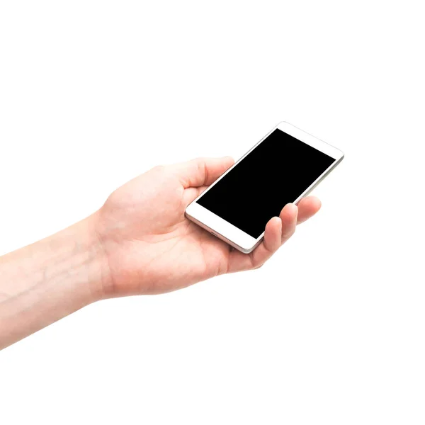 Smartphone Mano Con Pantalla Negra Aislada Sobre Fondo Blanco — Foto de Stock