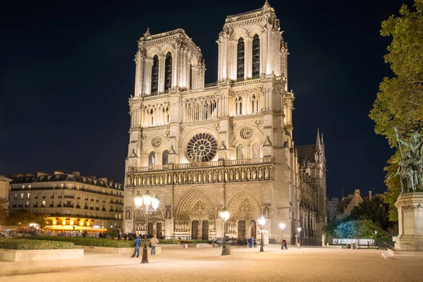 Notre Dame Paris Famosa Catedral Com Iluminação Noturna — Fotografia de Stock