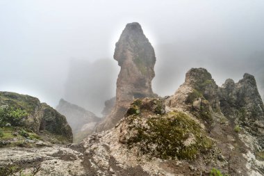 Kanarya Adası'nın doğa dağ manzarası ile kaya tepe tarafından yoğun sis zarflama. 