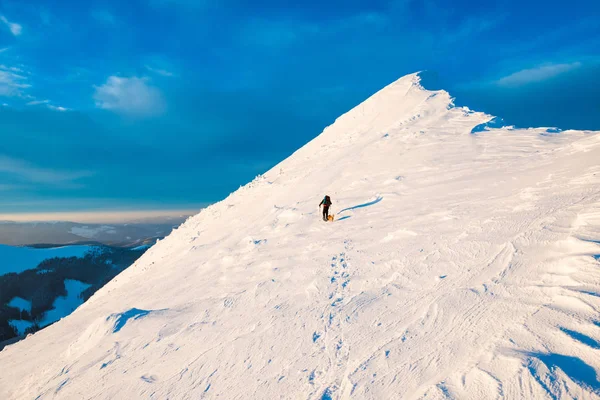 Montañista Con Perro Escalando Una Pendiente Cima Nevada Montaña Atardecer — Foto de Stock