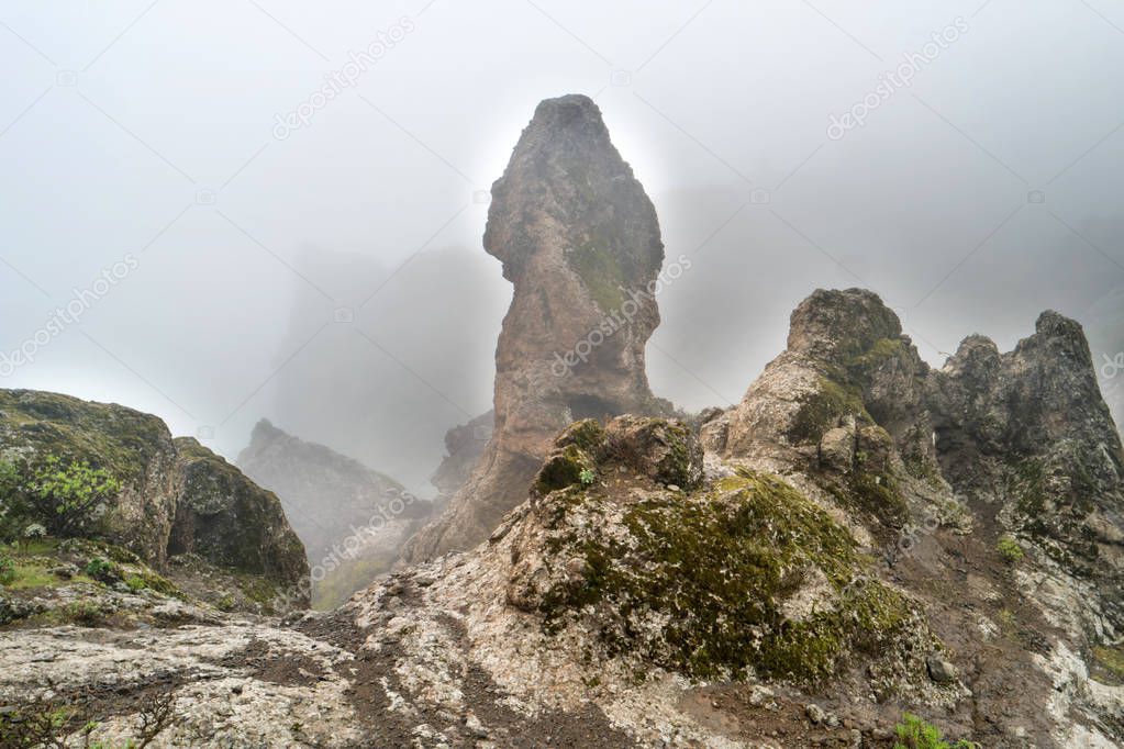 Nature mountain landscape of Canary Island with rock peak enveloping by dense fog 