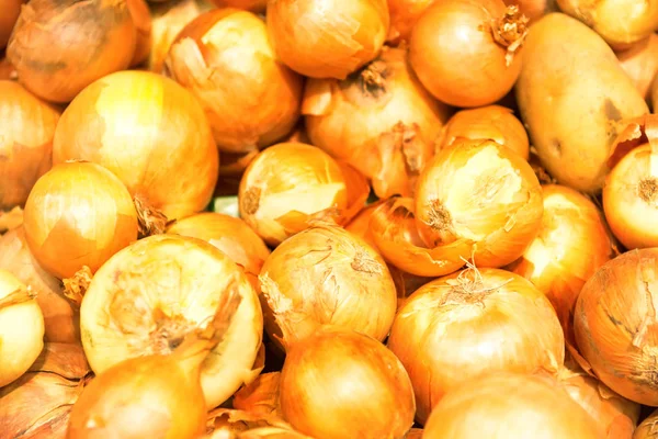 Pile Yellow Onions Vegetable Market Can Used Food Background — Stock Photo, Image