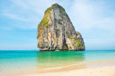Deniz ve kaya adası ile tropikal manzara